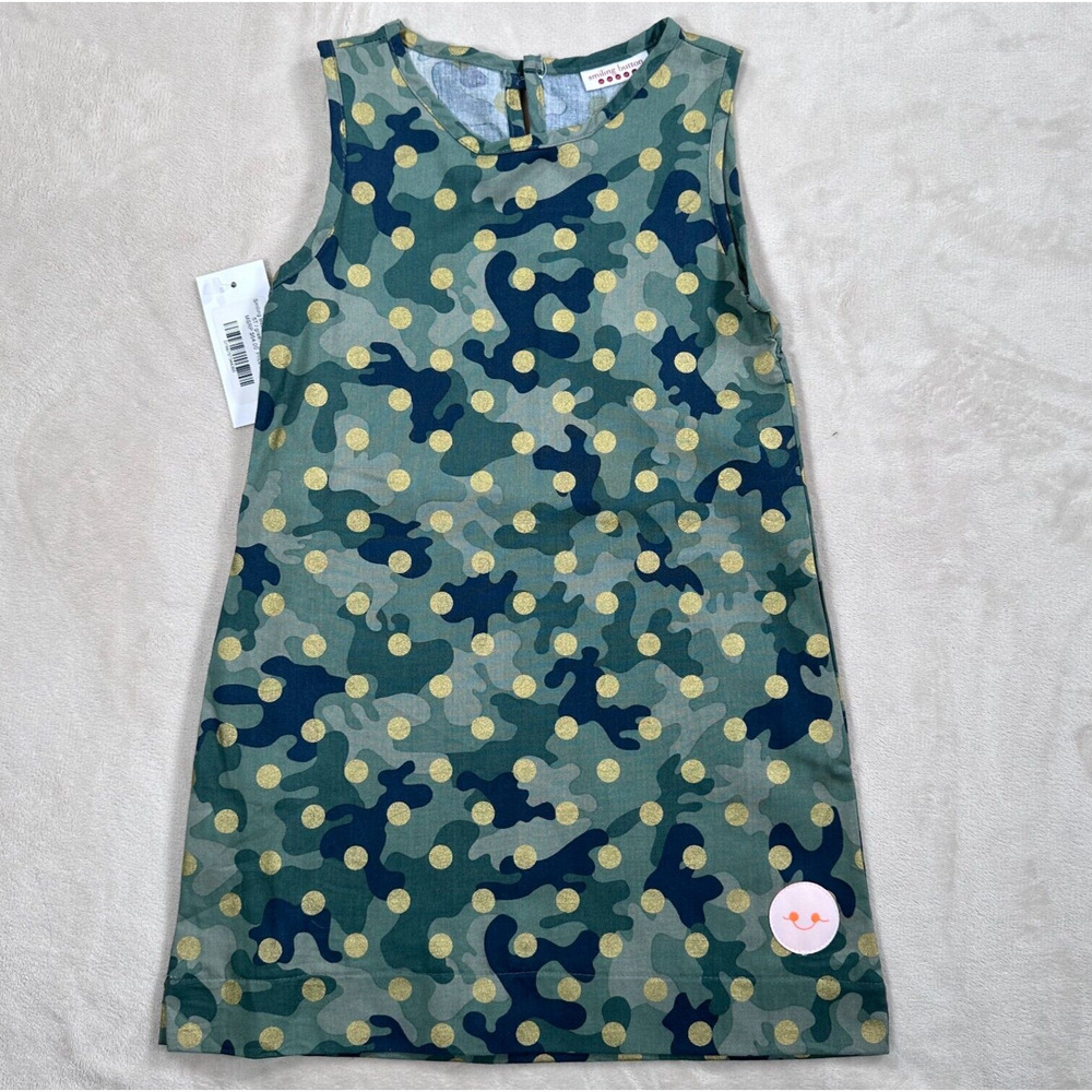 Smiling Button Tunic Dress Girls Size 5 Green Camo Gold Polka Dot New